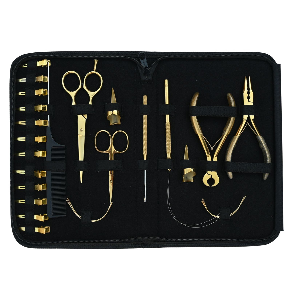Professional Hair Extension Tools Kit with Gold Pliers, Scissors, Hooks & Clips