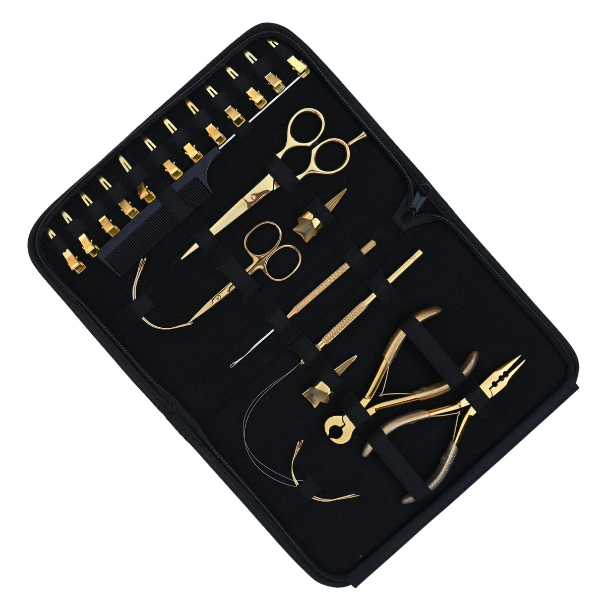 Professional Hair Extension Tools Kit with Gold Pliers, Scissors, Hooks & Clips