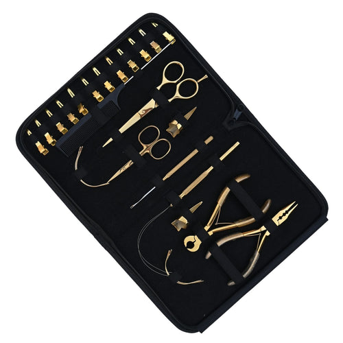 Professional Hair Extension Tools Kit with Gold Pliers, Scissors, Hooks & Clips