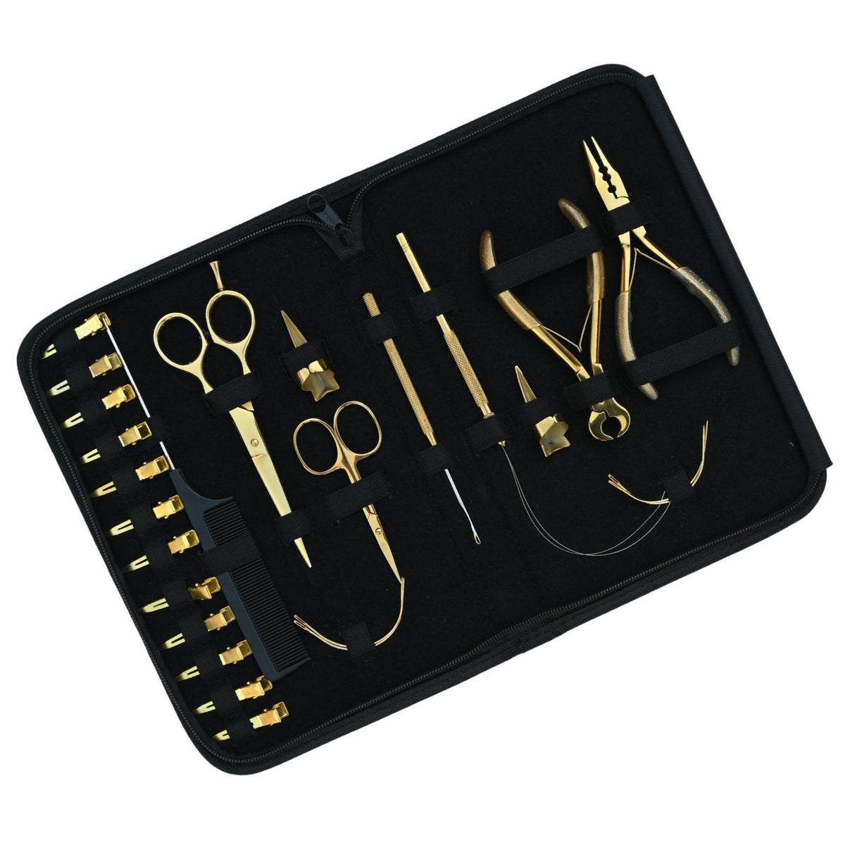 Professional Hair Extension Tools Kit with Gold Pliers, Scissors, Hooks & Clips