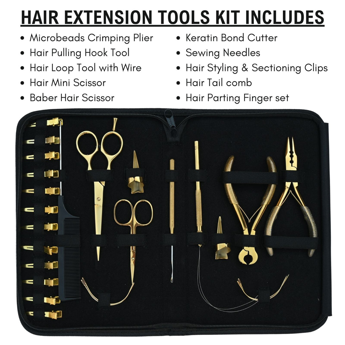 Professional Hair Extension Tools Kit with Gold Pliers, Scissors, Hooks & Clips