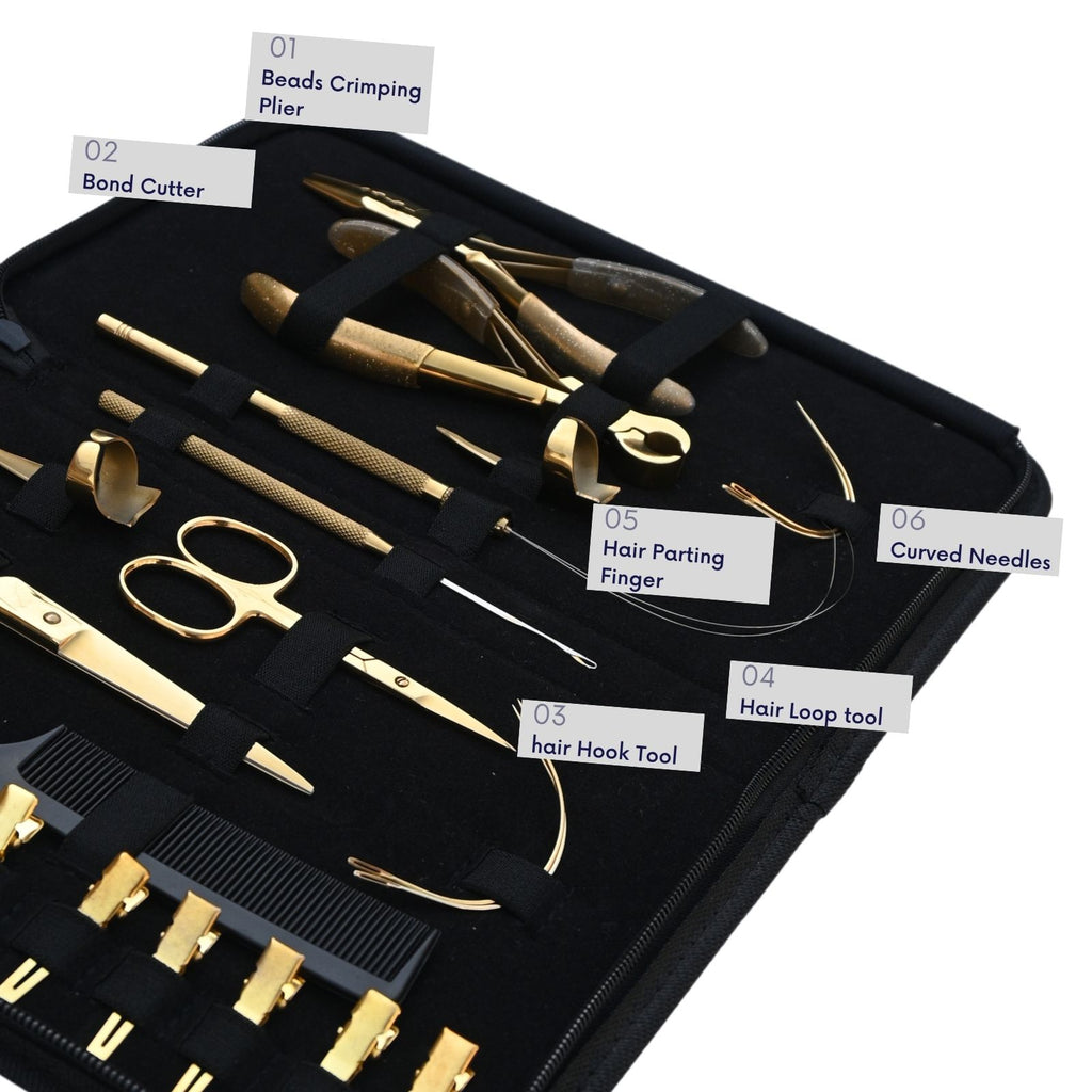 Professional Hair Extension Tools Kit with Gold Pliers, Scissors, Hooks & Clips