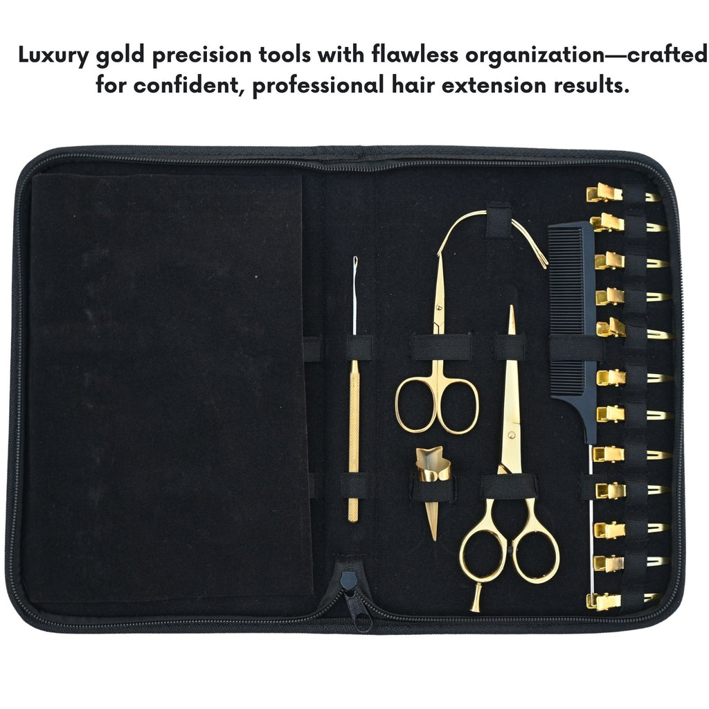 Professional Hair Extension Tools Kit with Gold Pliers, Scissors, Hooks & Clips