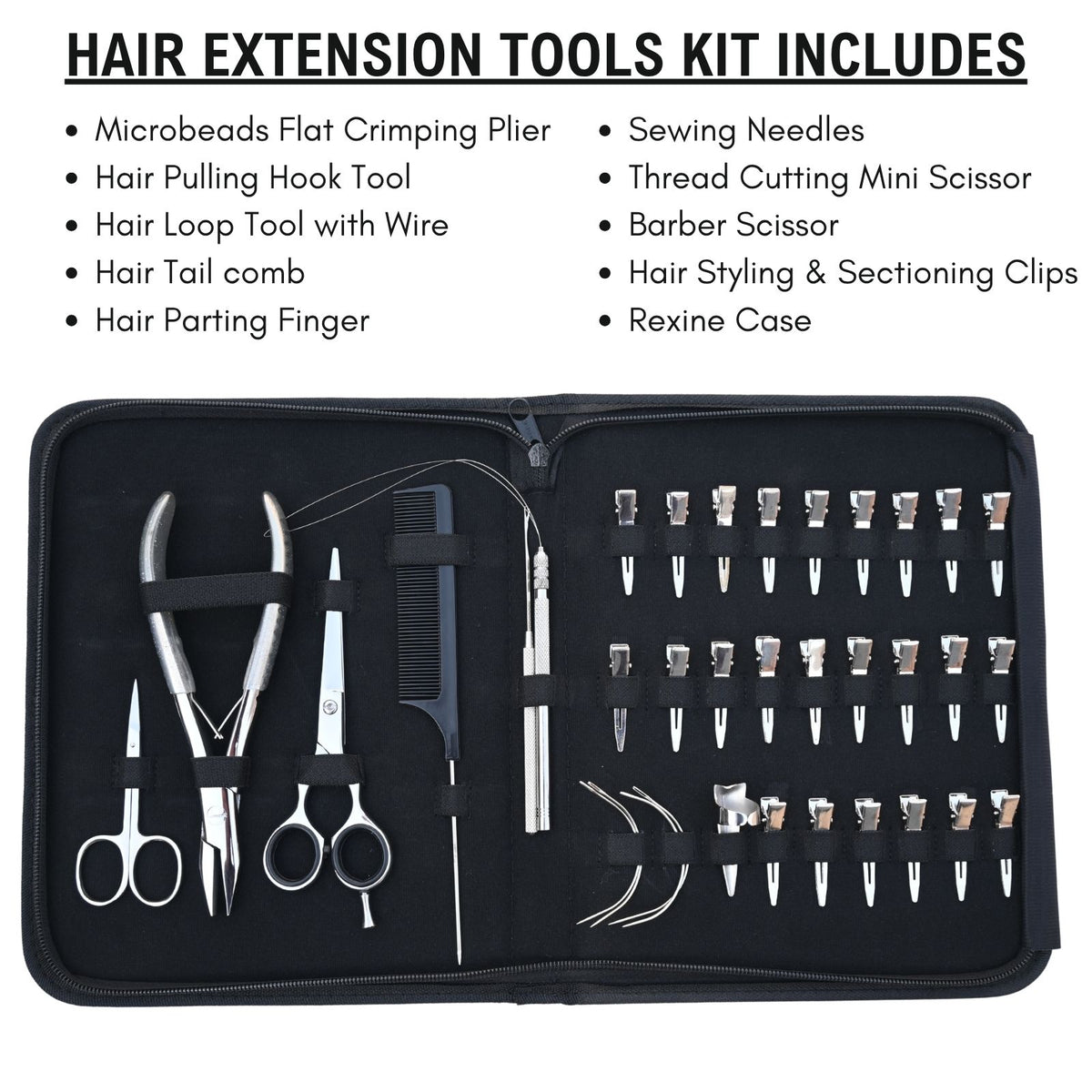 Professional Hair Extension Tools Kit with Pliers, Scissors, Hooks, Clips & Case