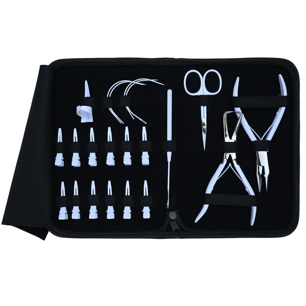 Professional Hair Extension Tools Kit with Microbead Pliers, Hook, Needles, Clips & Case