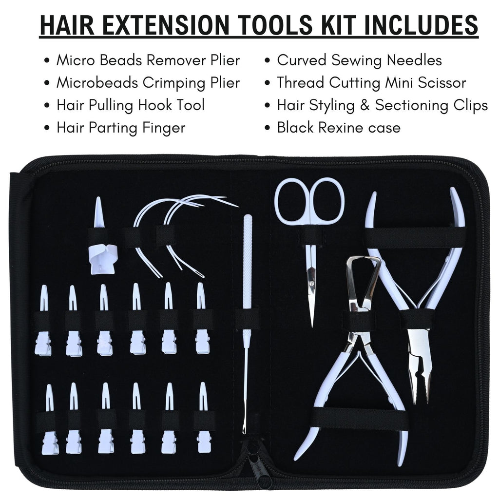 Professional Hair Extension Tools Kit with Microbead Pliers, Hook, Needles, Clips & Case