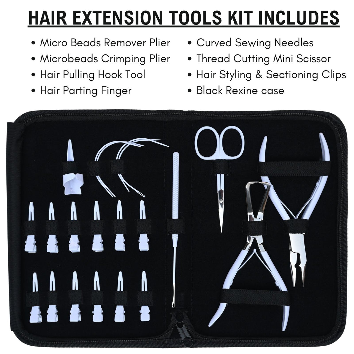 Professional Hair Extension Tools Kit with Microbead Pliers, Hook, Needles, Clips & Case