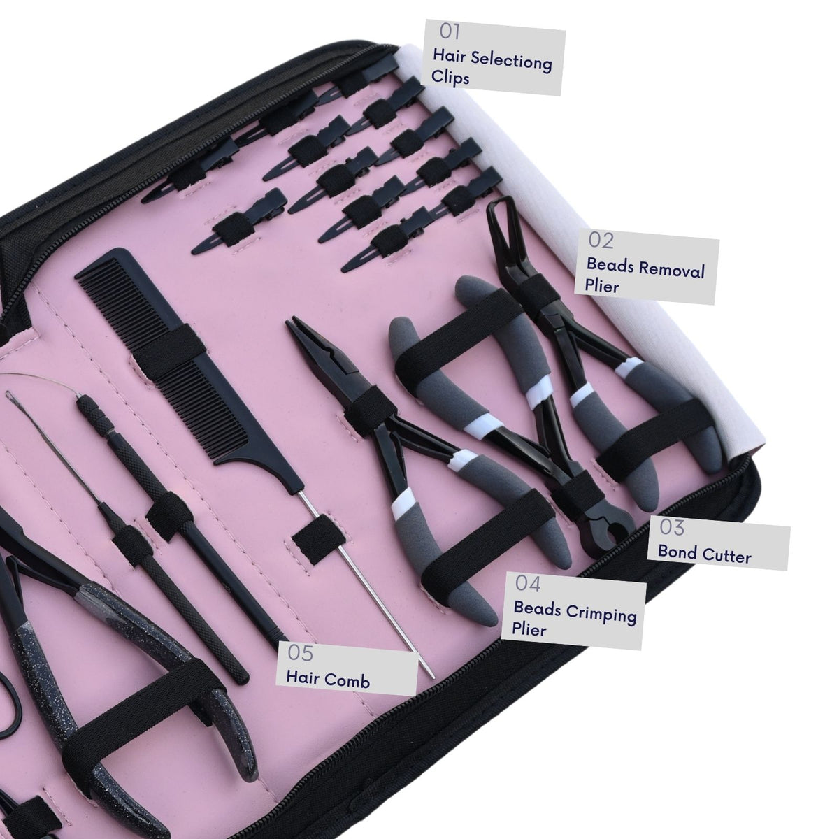 Hair Extension Tools Kit with Pliers, Hooks, Clips & Case