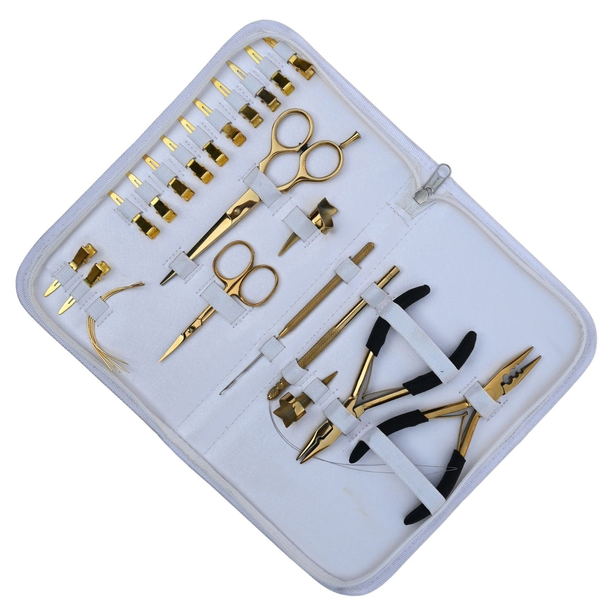 Professional Hair Extension Tools Kit with Gold Pliers, Scissors, Hooks, Needles & White Case