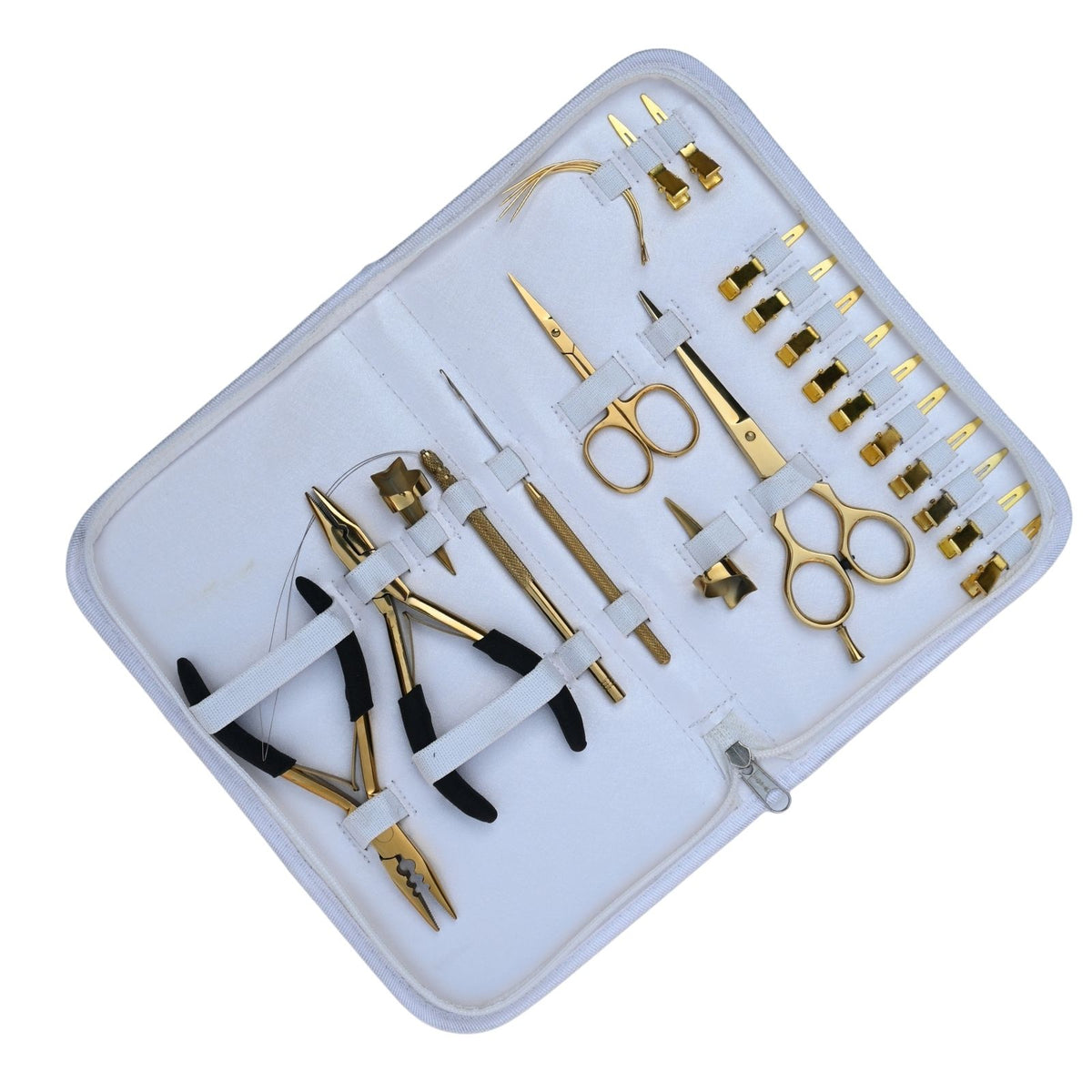 Professional Hair Extension Tools Kit with Gold Pliers, Scissors, Hooks, Needles & White Case