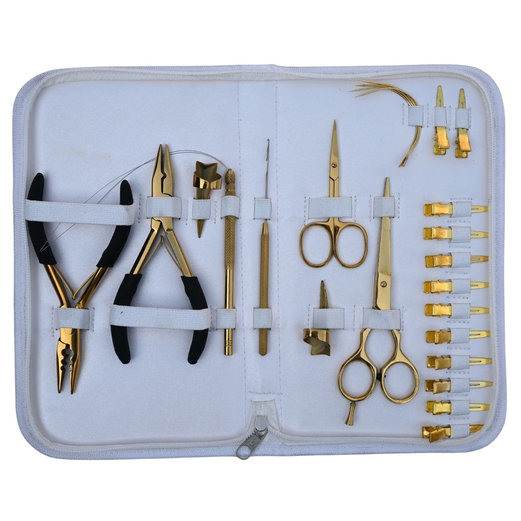 Professional Hair Extension Tools Kit with Gold Pliers, Scissors, Hooks, Needles & White Case