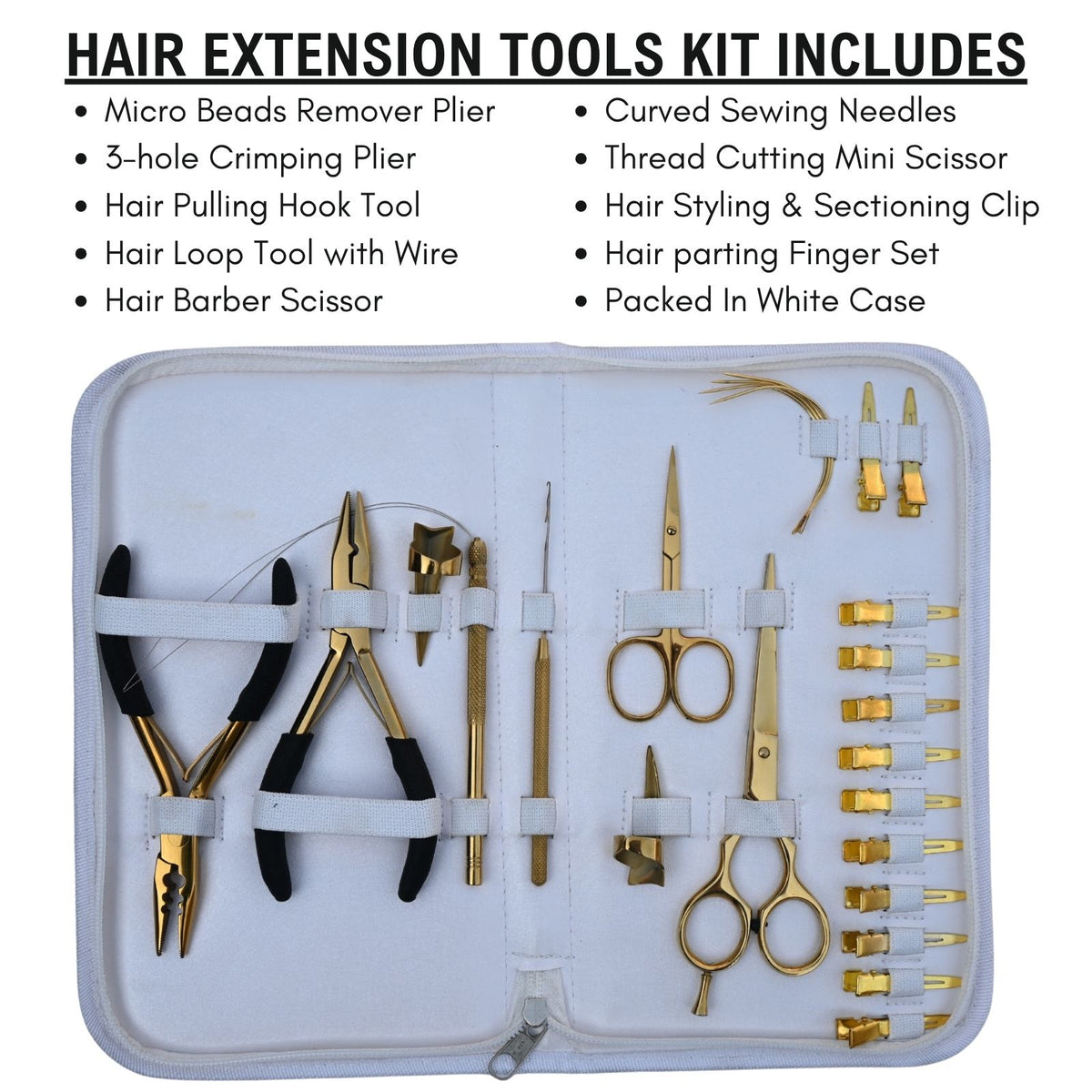 Professional Hair Extension Tools Kit with Gold Pliers, Scissors, Hooks, Needles & White Case
