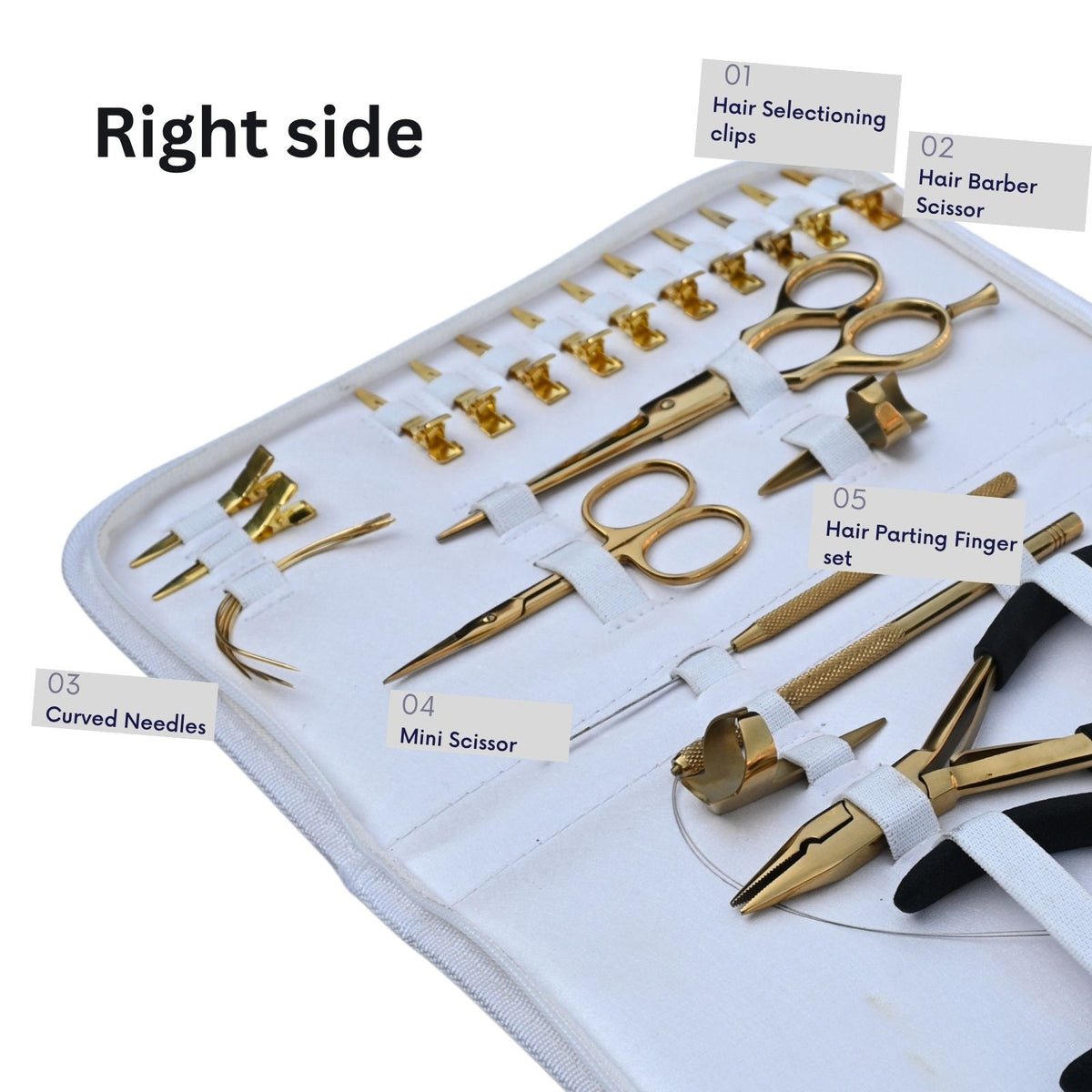 Professional Hair Extension Tools Kit with Gold Pliers, Scissors, Hooks, Needles & White Case