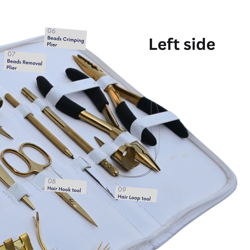 Professional Hair Extension Tools Kit with Gold Pliers, Scissors, Hooks, Needles & White Case