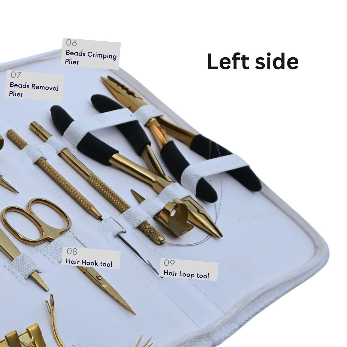Professional Hair Extension Tools Kit with Gold Pliers, Scissors, Hooks, Needles & White Case