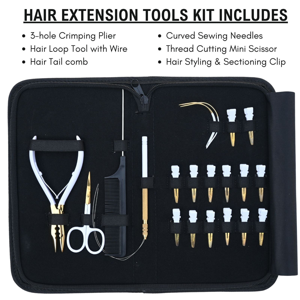 Professional Hair Extension Tools Kit with 3-Hole Pliers, Loop Tool, Needles & Clips