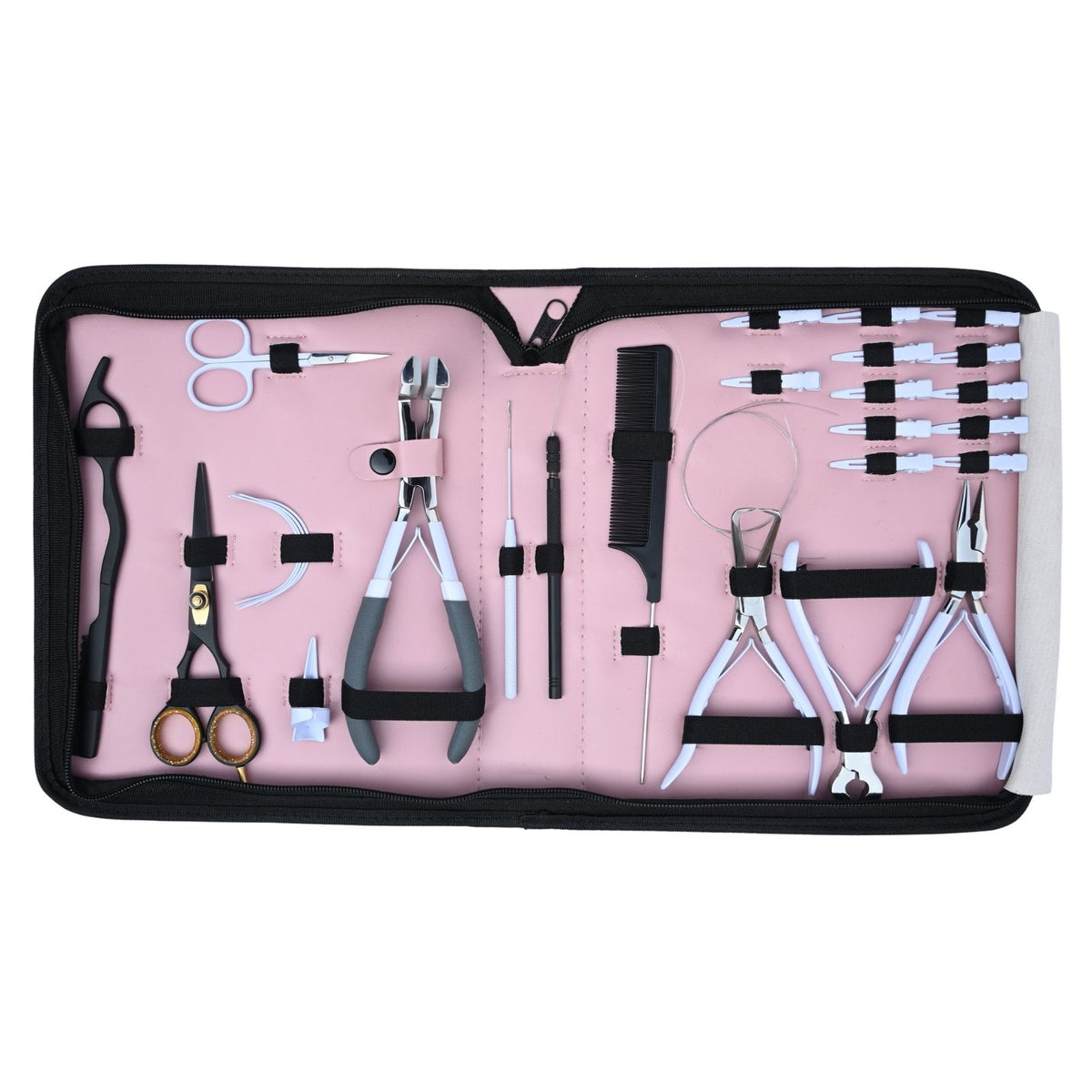 Professional Hair Extension Tools Kit with Pliers, Hooks, Scissors, Clips & Pink Case