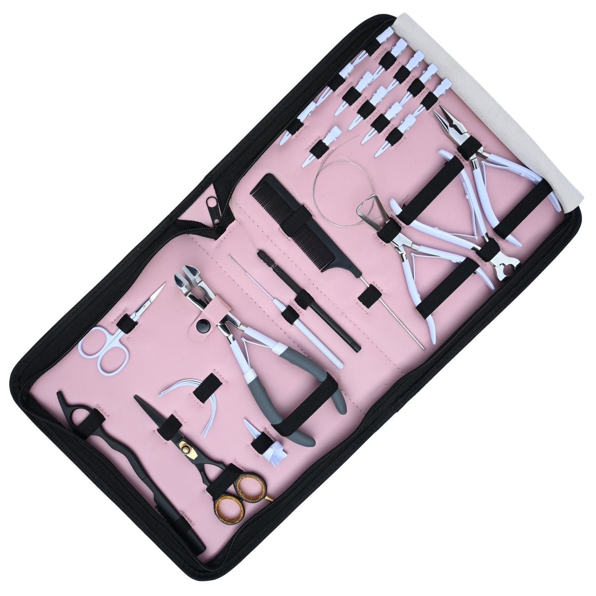 Professional Hair Extension Tools Kit with Pliers, Hooks, Scissors, Clips & Pink Case