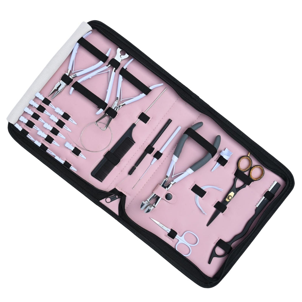 Professional Hair Extension Tools Kit with Pliers, Hooks, Scissors, Clips & Pink Case