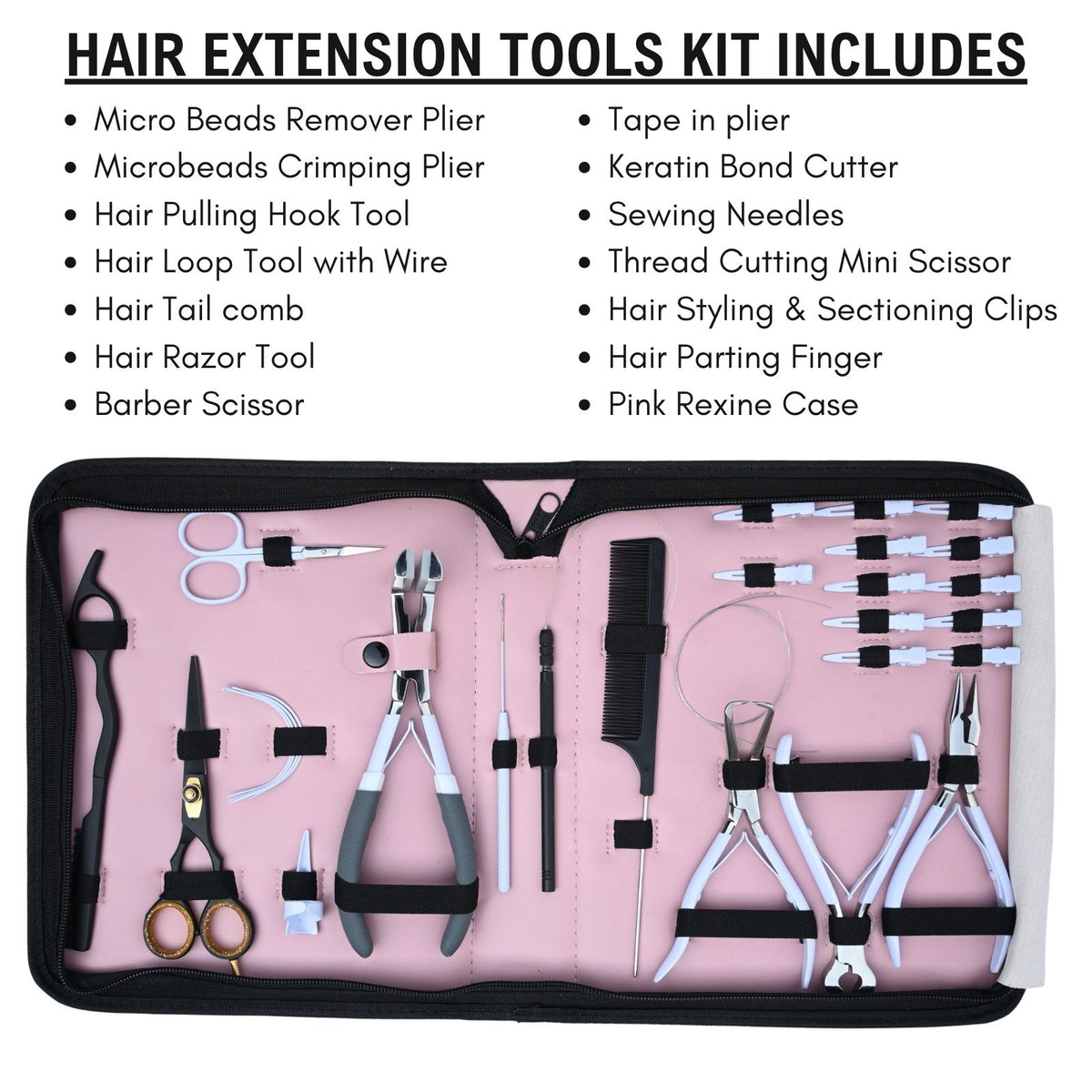 Professional Hair Extension Tools Kit with Pliers, Hooks, Scissors, Clips & Pink Case