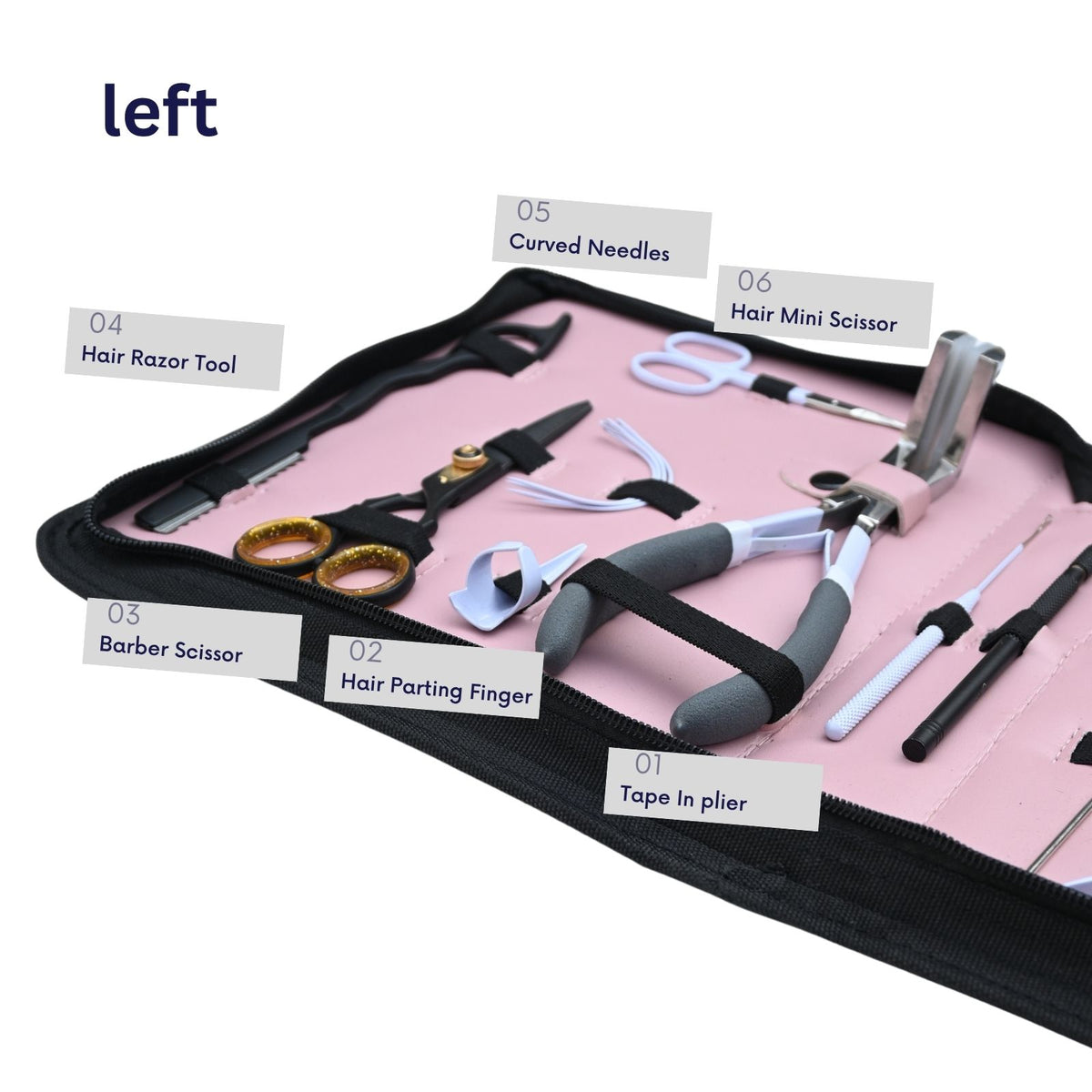 Professional Hair Extension Tools Kit with Pliers, Hooks, Scissors, Clips & Pink Case