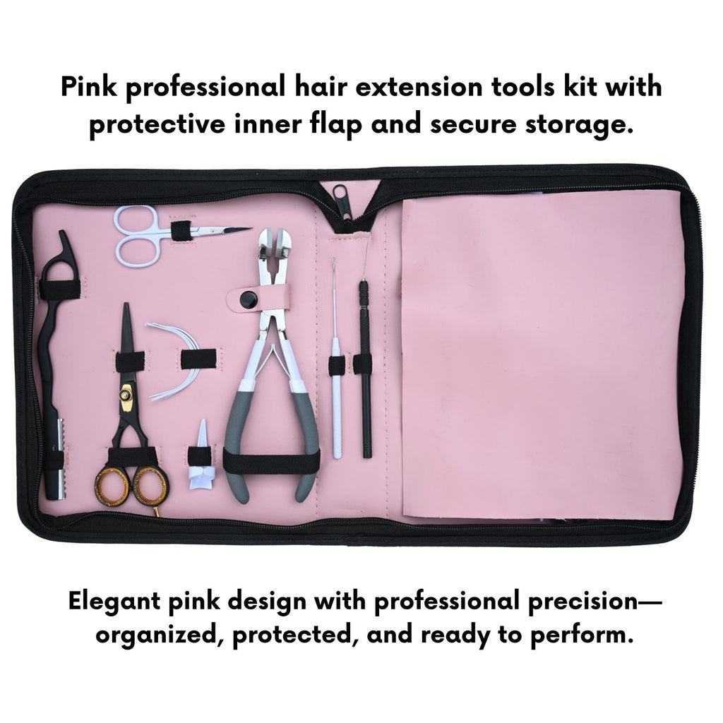 Professional Hair Extension Tools Kit with Pliers, Hooks, Scissors, Clips & Pink Case