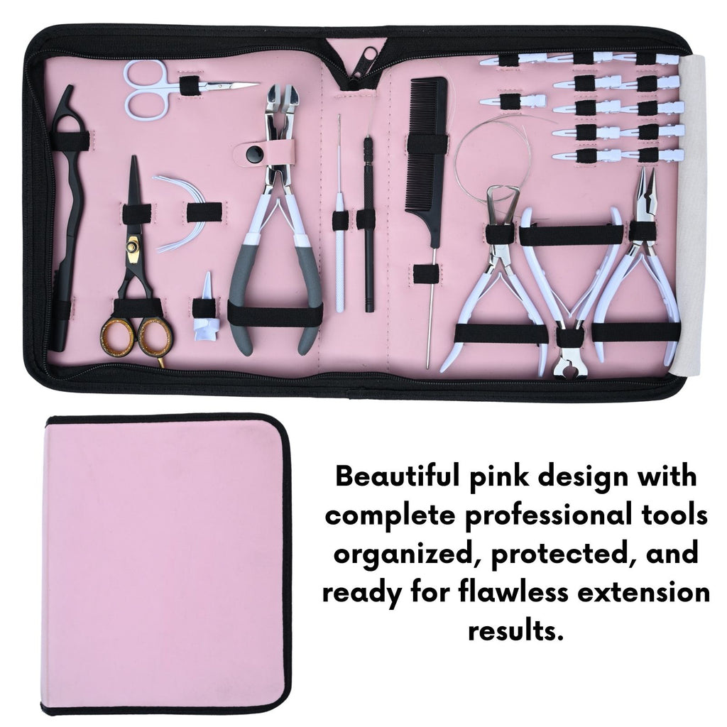 Professional Hair Extension Tools Kit with Pliers, Hooks, Scissors, Clips & Pink Case