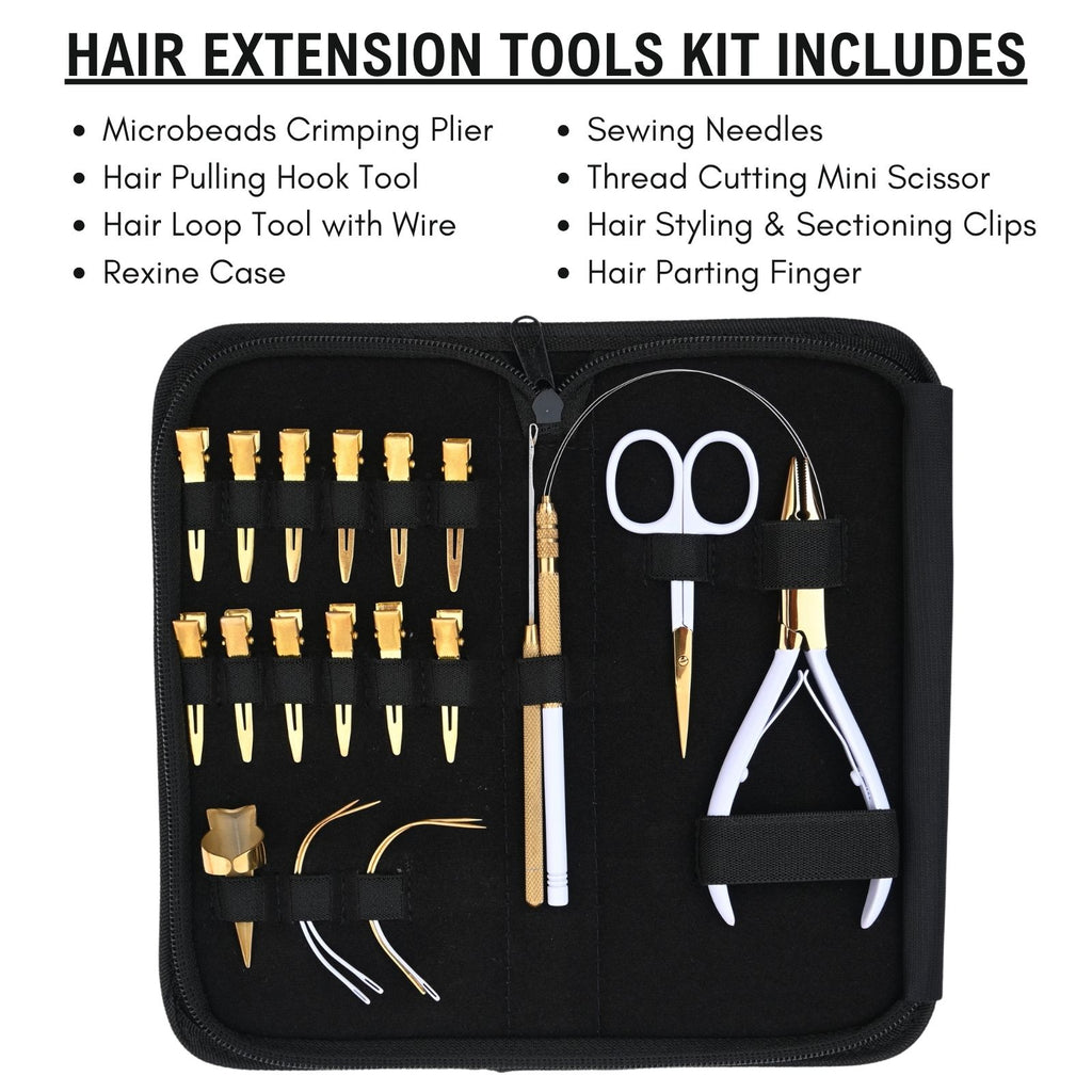 Professional Hair Extension Tools Kit with Microbead Pliers, Loop Tool, Clips & Case
